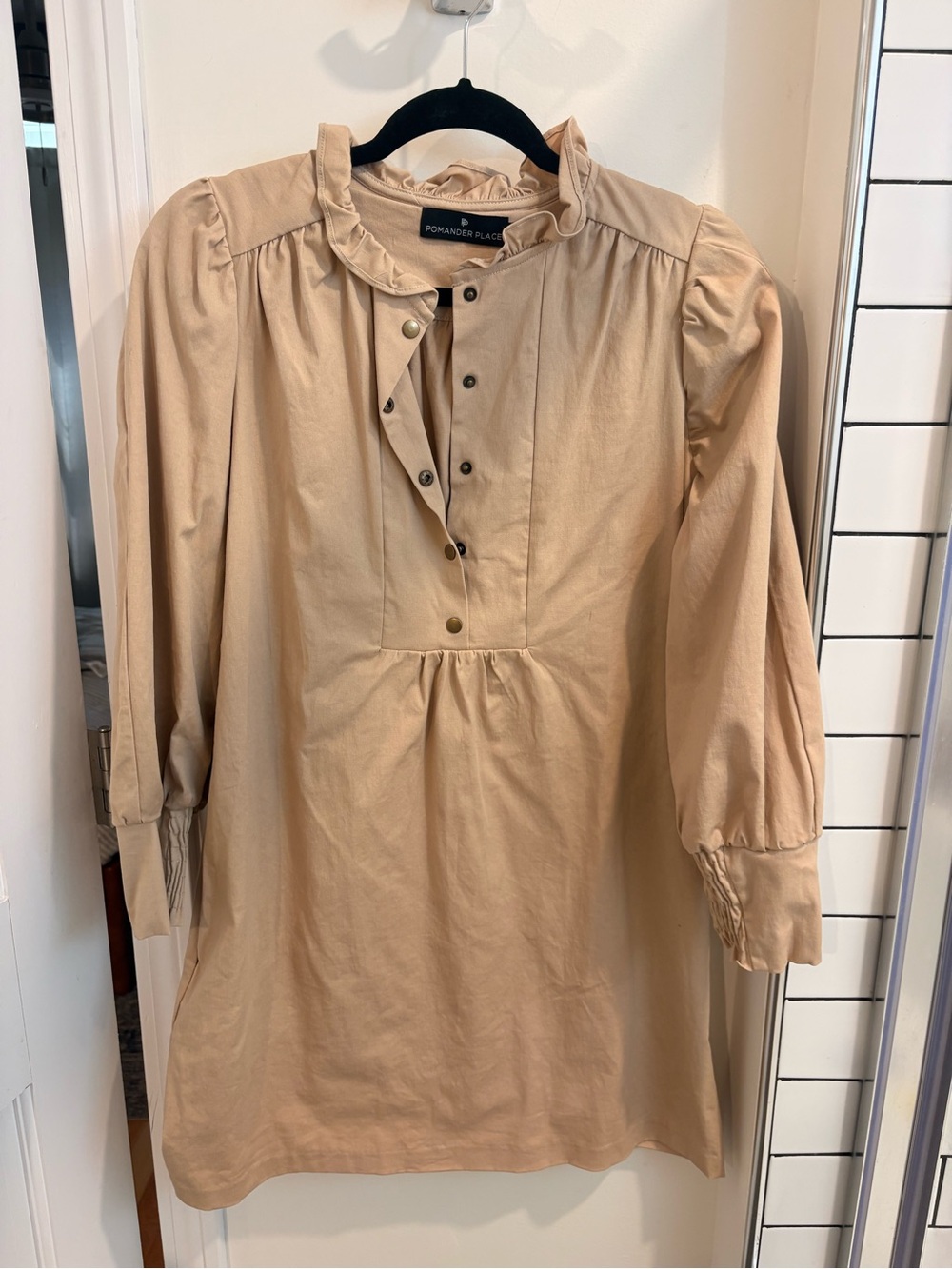 Pomander Place Light Tan Long Sleeve Ruffled Collar Dress